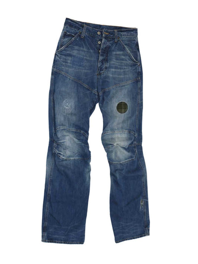 Herren Vintage Jeans Größe 32/35 mittelblaue Waschung diverse Repair Stitchings Kniebetonung und Teilungsnaht auf Oberschenkel 100% Baumwolle