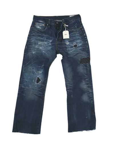 Herren Vintage Jeans mit diversen Repair Stitchings an der vordern Seite Größe 32/34 dunkelblaue Waschung regular fit straight leg