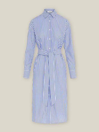 Damen langes Hemdblusen Kleid aus reiner Bio -Baumwolle Blau-Weiss gestreift mit Gürtel von WOTE - in Portugal hergestellt, Freisteller Bild