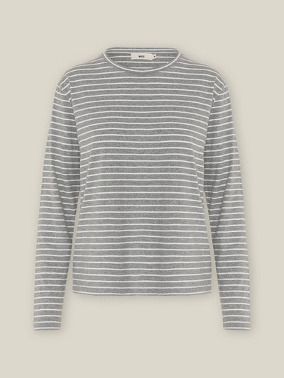 Gestreiftes Damen Longsleeve in Grau Melange-Weiß gestreift aus hochwertiger Bio-Baumwolle von WOTE - made in Portugal, Freigestelltes Bild