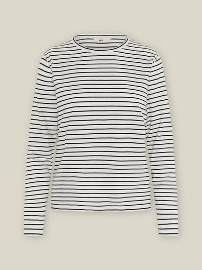 Damen Longsleeve in Off-White-Schwarz gestreift aus nachhaltiger Bio-Baumwolle von WOTE - made in Portugal, Freigestelltes Bild