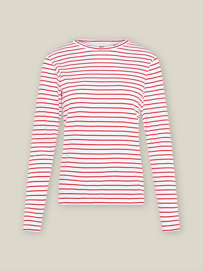 Gestreiftes Damen Longsleeve in Weiß-Rot aus hochwertiger Bio-Baumwolle von WOTE - made in Portugal, Freigestelltes Bild