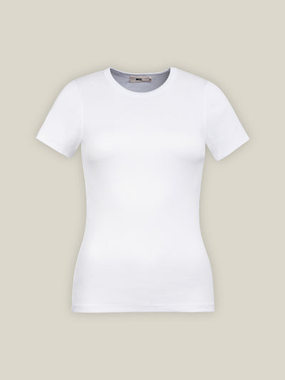 Damen Rundhals T-Shirt in Weiß gerippt aus Bio-Baumwolle von WOTE - nachhaltiges Basic Shirt made in Portugal ( Freisteller Bild Front)