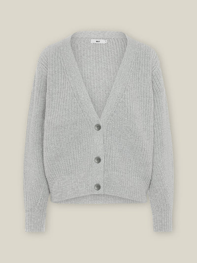 Damen Strick Cardigan in Grau-Melange aus nachhaltiger Wolle - made in Italy, Freisteller Aufnahme