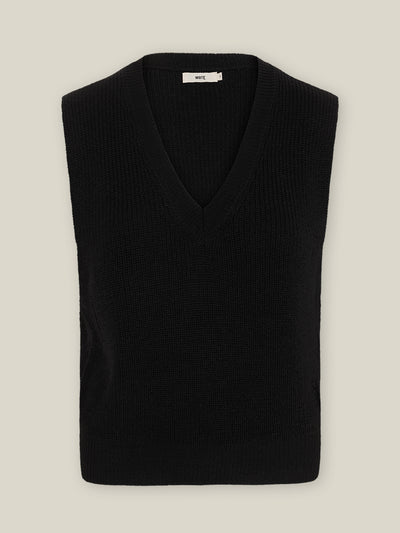 Damen Strick Pullunder V-Ausschnitt Schwarz, Merino Wolle GOTS-zertifiziert von WOTE - in Italien produziert, Freisteller Aufnahme