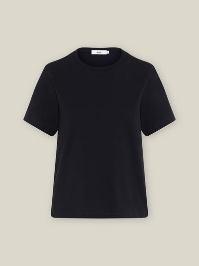 Damen T-Shirt Rundhalsausschnitt in schwarz aus Bio-Baumwolle von WOTE - in Portugal hergestellt, Freisteller Bild
