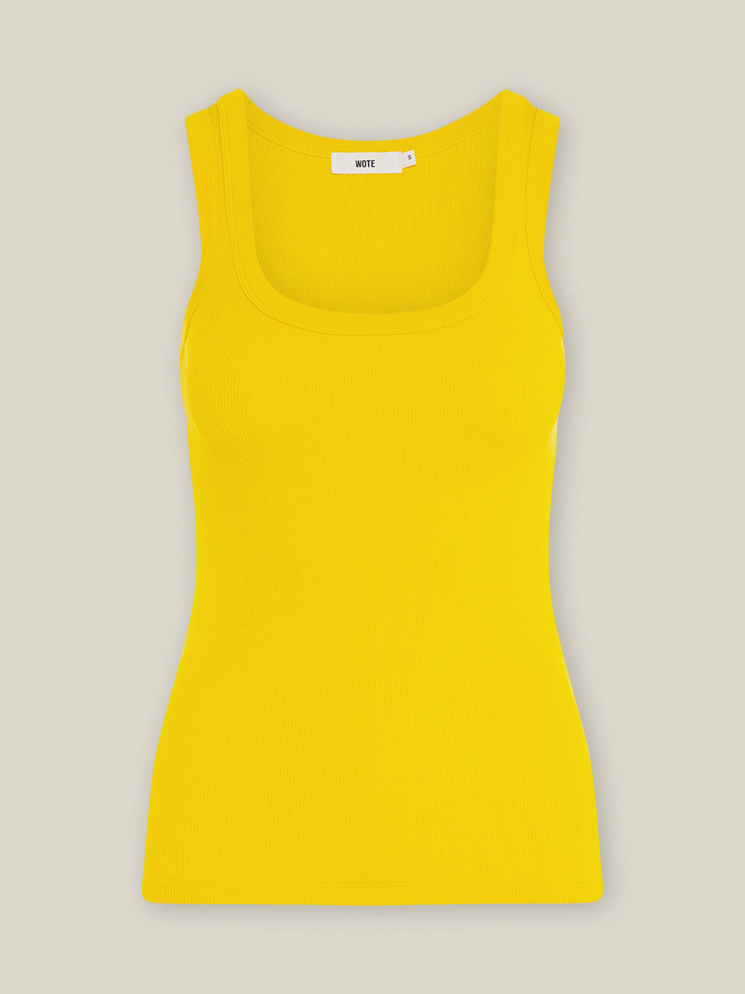 Geripptes Damen Tank Top in Gelb aus Bio-Baumwolle mit Elasthan, tiefer Rundhalsausschnitt, enge Passform von WOTE - made in Portugal, Freisteller Ansicht