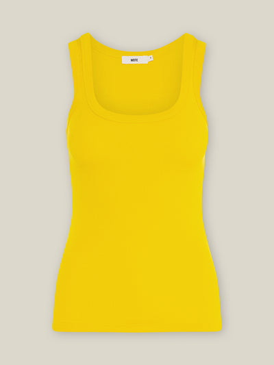 Geripptes Damen Tank Top in Gelb aus Bio-Baumwolle mit Elasthan, tiefer Rundhalsausschnitt, enge Passform von WOTE - made in Portugal, Freisteller Ansicht
