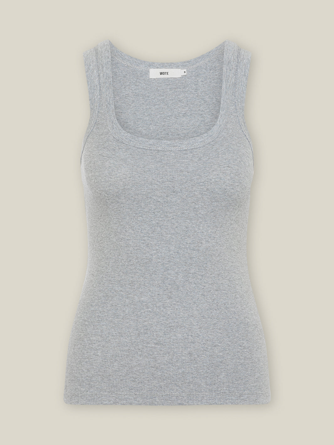 Geripptes Damen Tank Top in Grau Melange mit tiefen Rundhalsausschnitt aus 96% Bio-Baumwolle mit 4% Elasthan von WOTE - fair und nachhaltig in Portugal produziert, Freisteller Ansicht