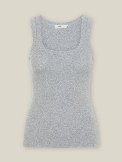 Geripptes Damen Tank Top in Grau Melange mit tiefen Rundhalsausschnitt aus 96% Bio-Baumwolle mit 4% Elasthan von WOTE - fair und nachhaltig in Portugal produziert, Freisteller Ansicht