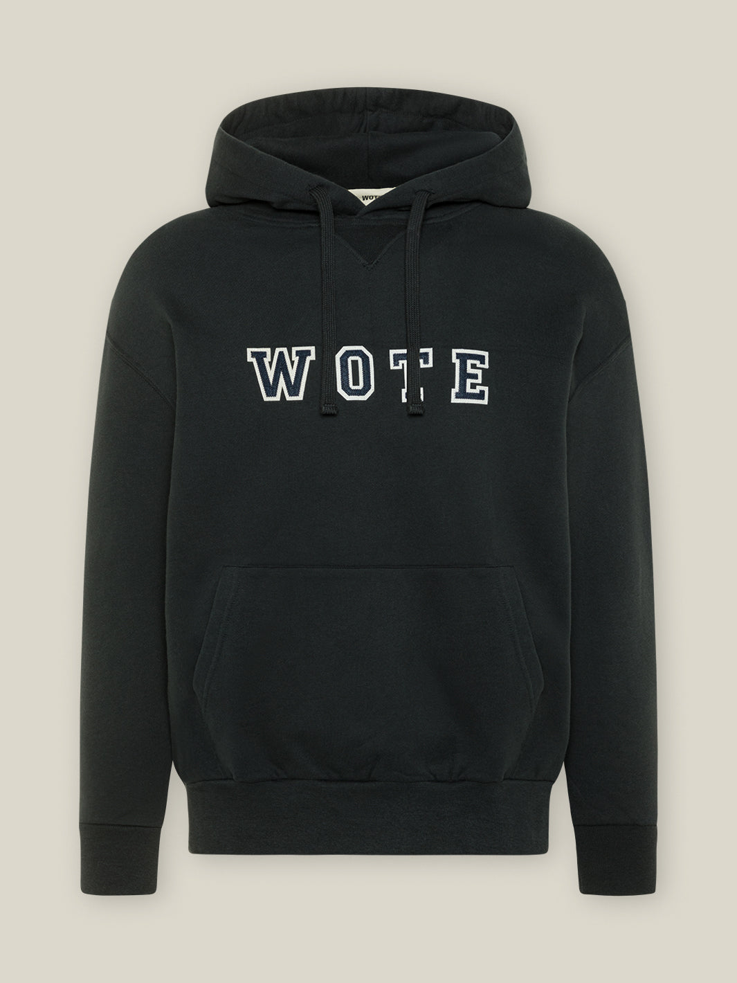 WOTE Logo Hoodie aus Organic Cotton in Black, frontal freigestellt.