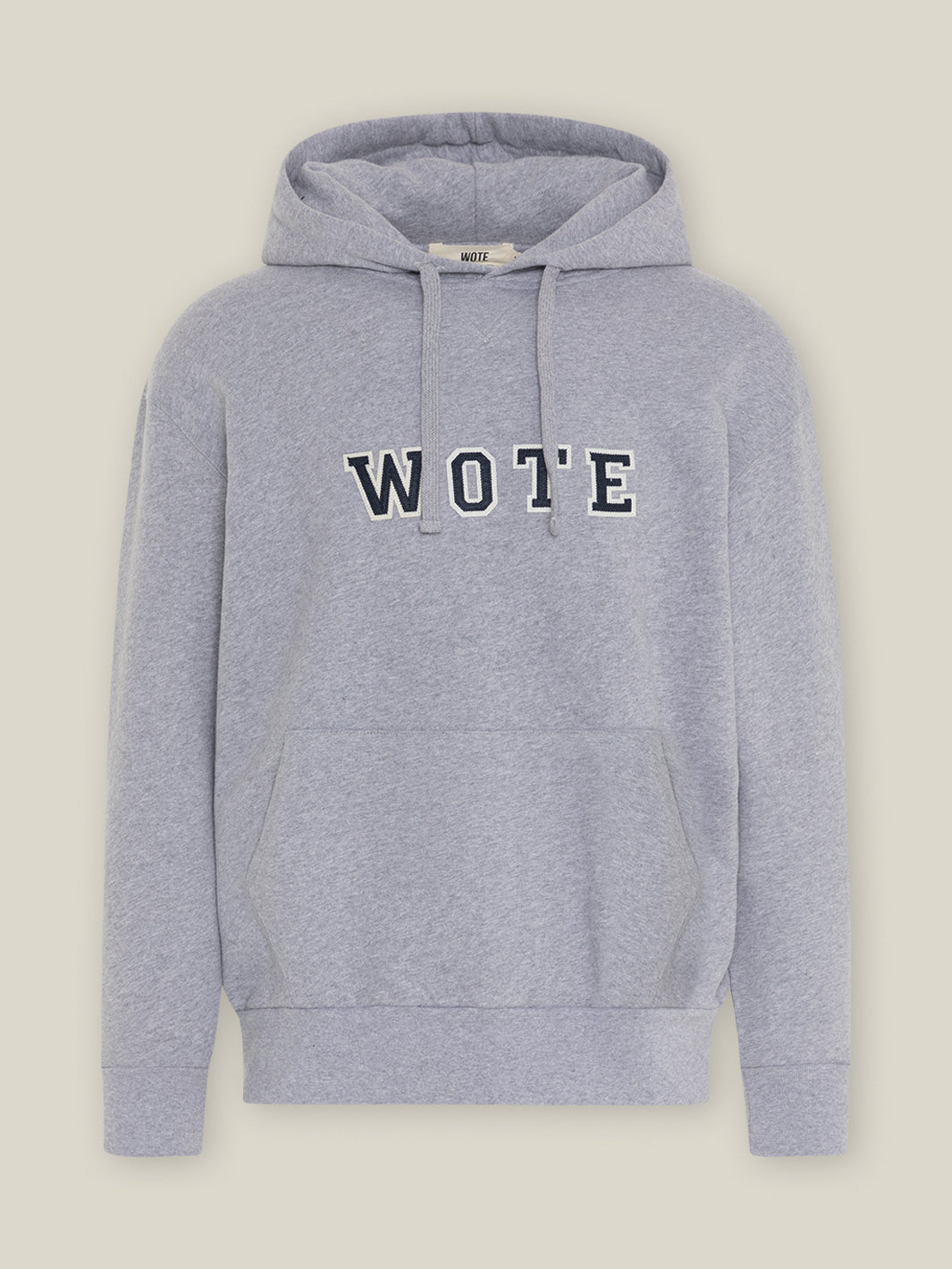 WOTE Logo Hoodie aus Organic Cotton in Light Grey, frontal freigestellt.