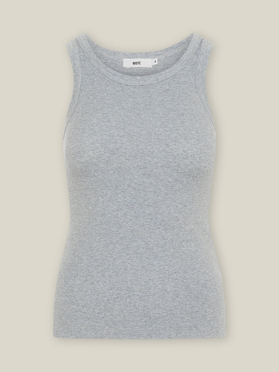 Damen Tank Top auf einer 1x1 Rippe in Grau-Melange mit höheren Rundhals-Kragen Ausschnitt und körperbetonter Passform aus Bio-Baumwolle und Elasthan  von WOTE - fair und nachhaltig in Portugal produziert, Freisteller Aufnahme
