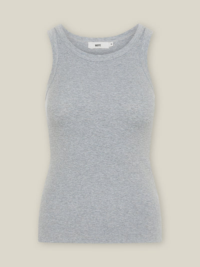 Damen Tank Top auf einer 1x1 Rippe in Grau-Melange mit höheren Rundhals-Kragen Ausschnitt und körperbetonter Passform aus Bio-Baumwolle und Elasthan  von WOTE - fair und nachhaltig in Portugal produziert, Freisteller Aufnahme
