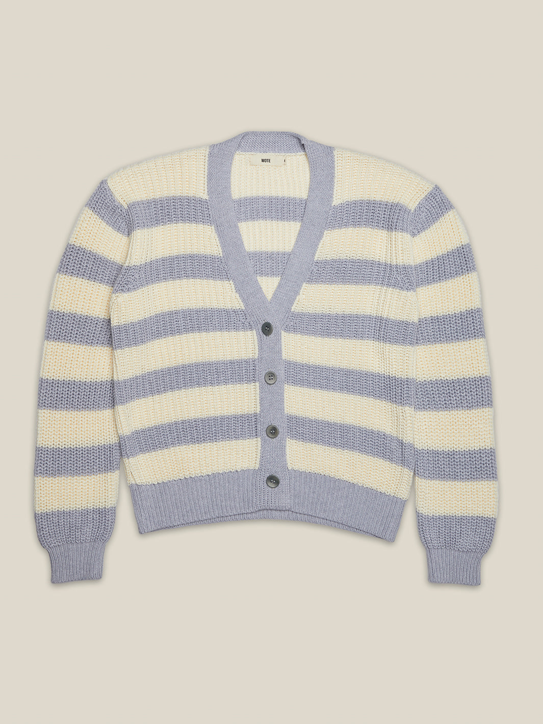 Damen Cardigan in Grau-Off-White gestreift aus zertifizierter Bio-Baumwolle von WOTE - fair und nachhaltig in Italien produziert, Freisteller Aufnahme Front