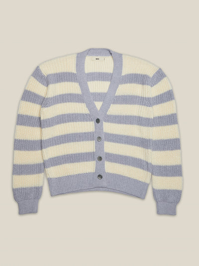 Damen Cardigan in Grau-Off-White gestreift aus zertifizierter Bio-Baumwolle von WOTE - fair und nachhaltig in Italien produziert, Freisteller Aufnahme Front
