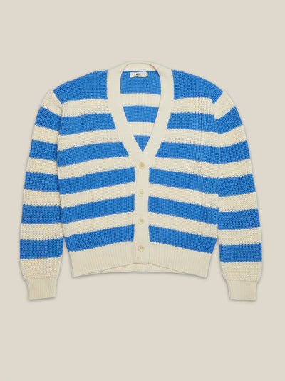 Damen Strickjacke in Blau-Off-White getsteift aus reiner Bio-Baumolle von WOTE - made in Italy, Freisteller Aufnahme